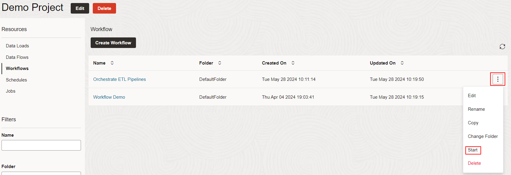 Workflow Listing - Start