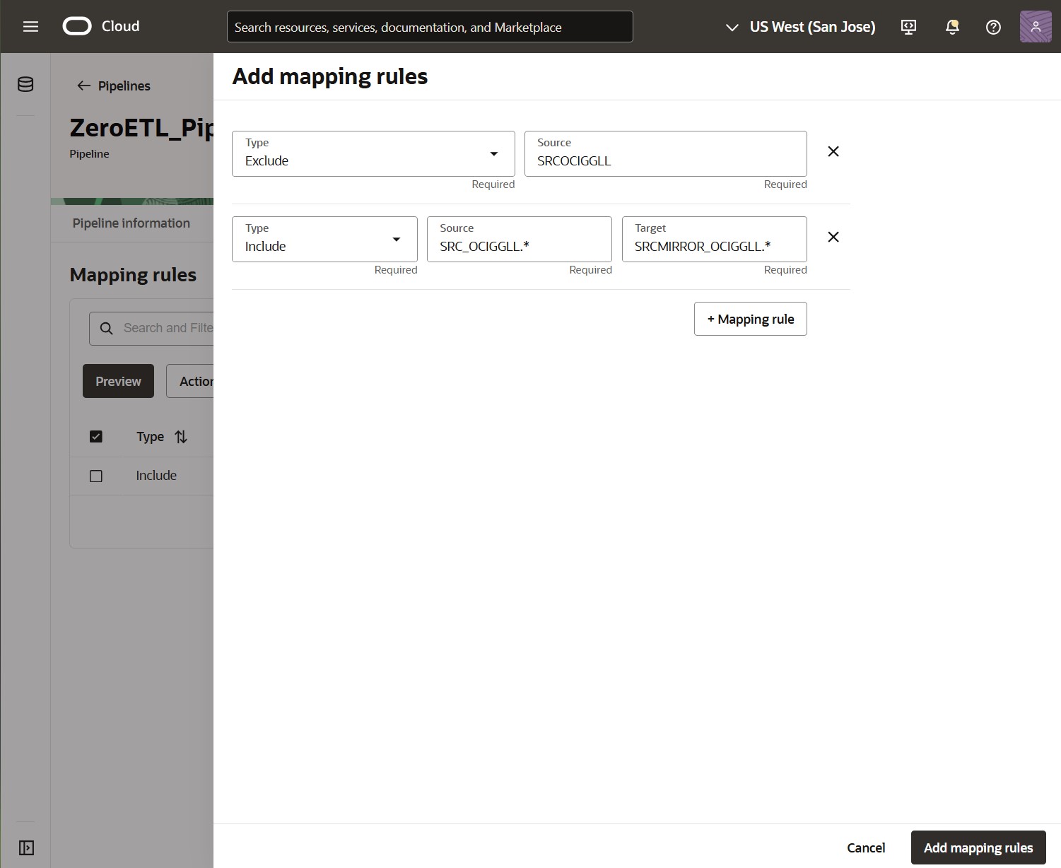 ZeroETL Mirror pipeline - Add Mapping rules