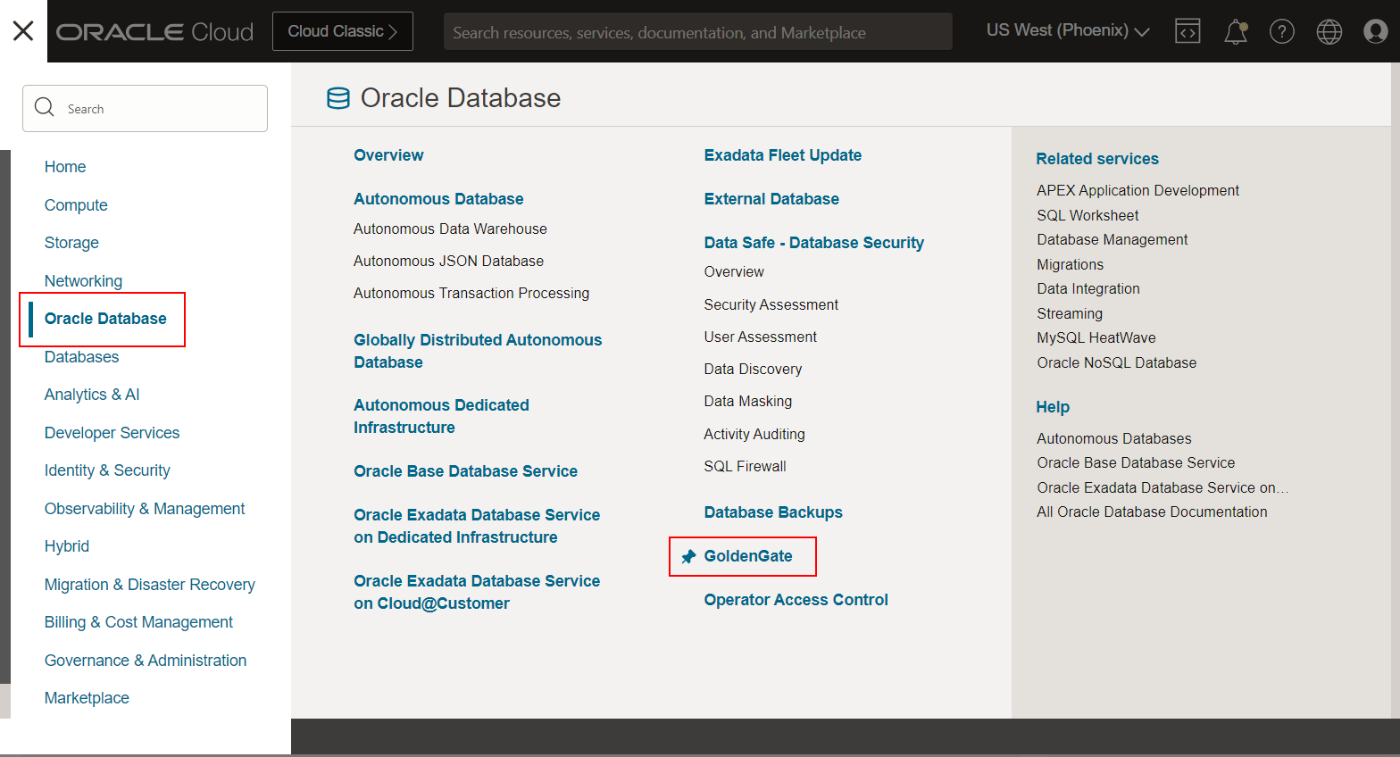 OCI Console - GoldenGate