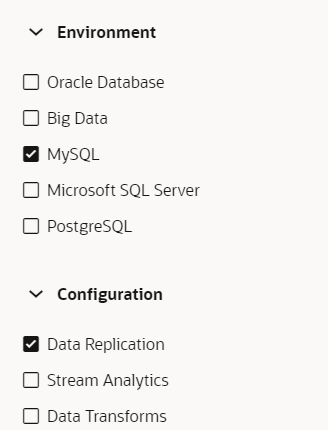 Filter search results by selecting MySQL under Environment and Data Replication under Configuration