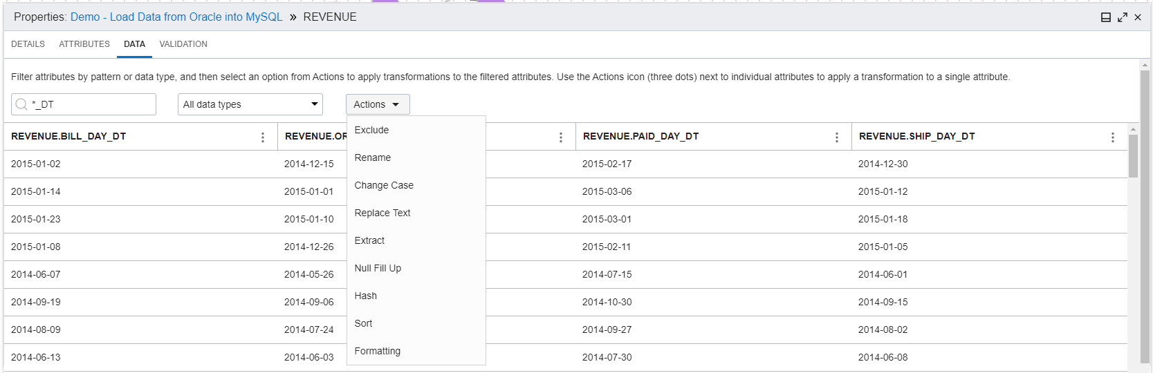 A screenshot of the properties window, showing the Revenue tab for the demo Data Flow.