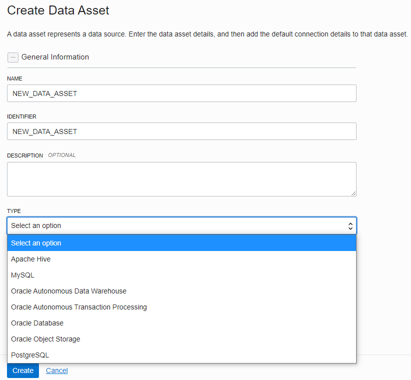 A screenshot of the Create Data Asset page with the Type drop-down menu expanded.