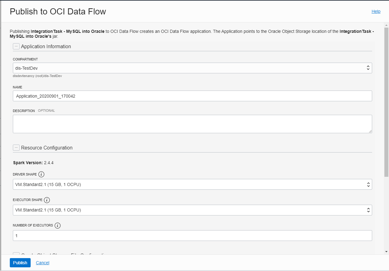 A screenshot of the Publish to OCI Data Flow screen.
