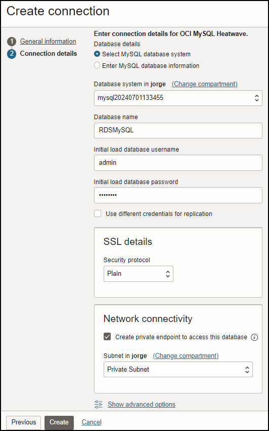 target db connection creation connection details