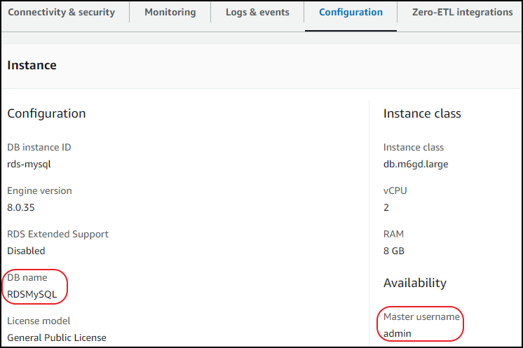 db name and master username