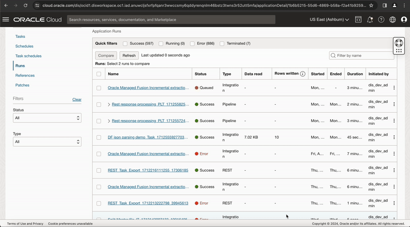 Figure-5: View the task execution in OCI Data Flow service
