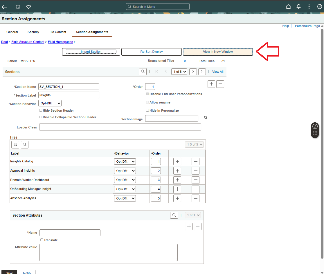 View in New Window button in Section Assignments page