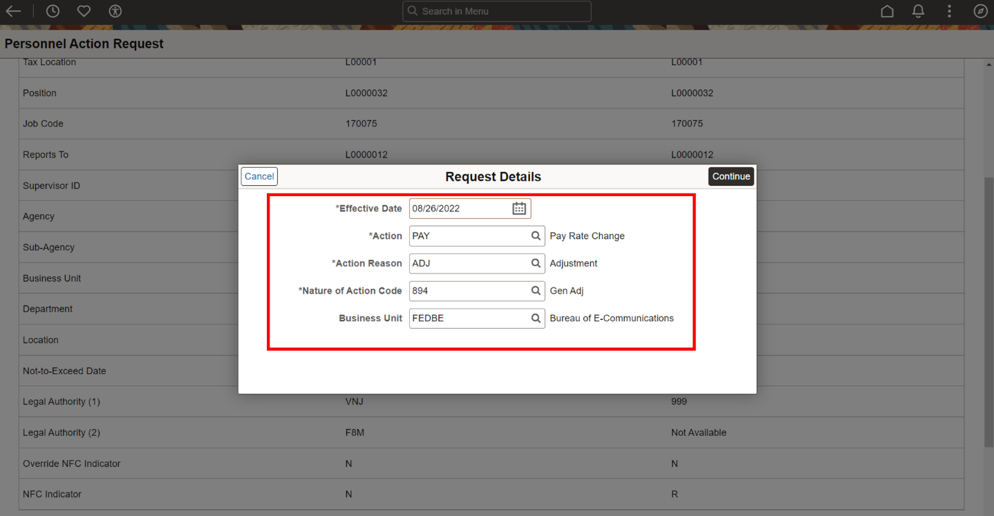 Fluid Personnel Action Request Final Approval - Edit Details Modal Page