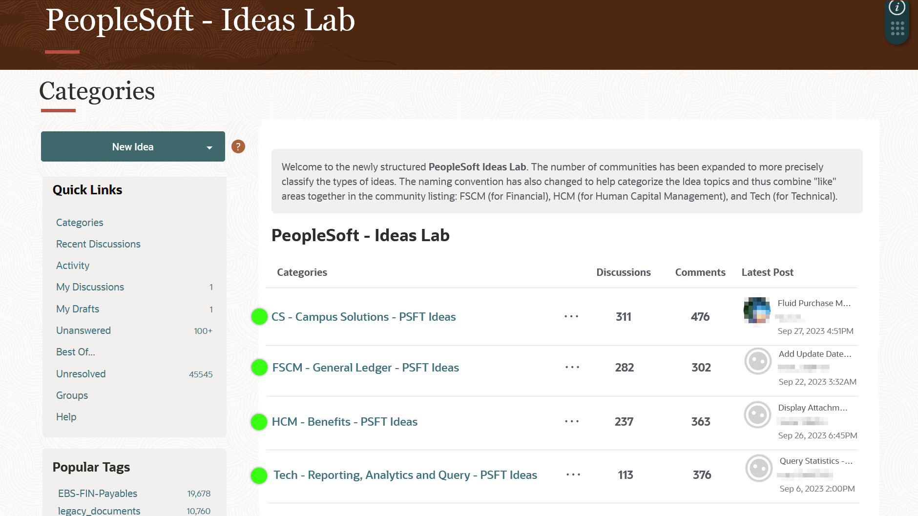 PeopleSoft Idea Space – Select a Category to Add or Vote on Ideas
