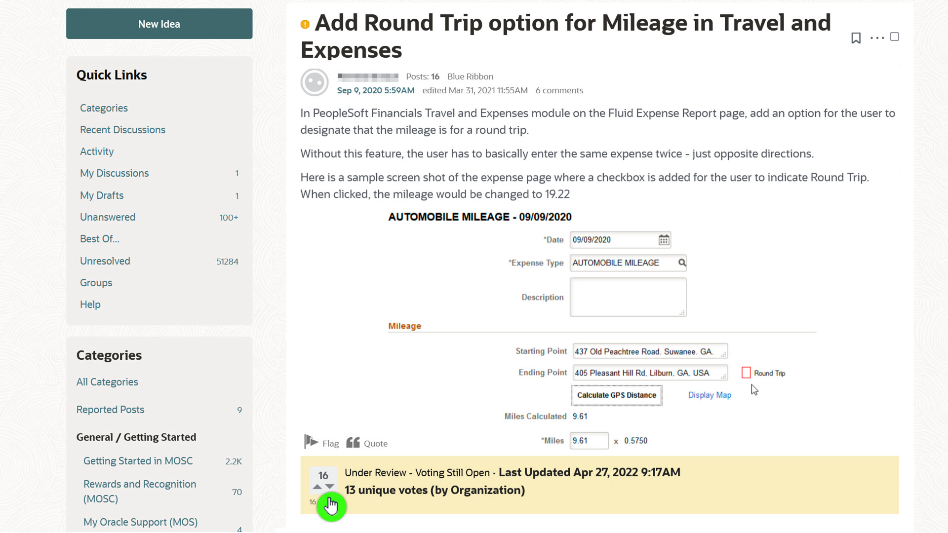 PeopleSoft Idea Detail - Select Up or Down voting arrows at the bottom of the idea in the detail view