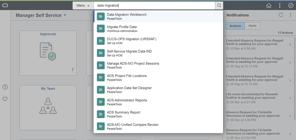 Menu search from the homepage in PeopleTools 8.59 with intuitive drop down suggestions as we type