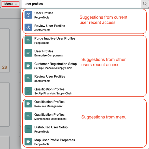 Navigation search suggestions categories - most recently visited by user, most recently visited suggestions from other users, and search based on portal registry.