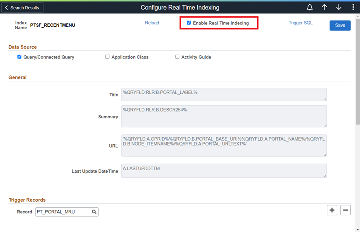 Configure Real Time Indexing page