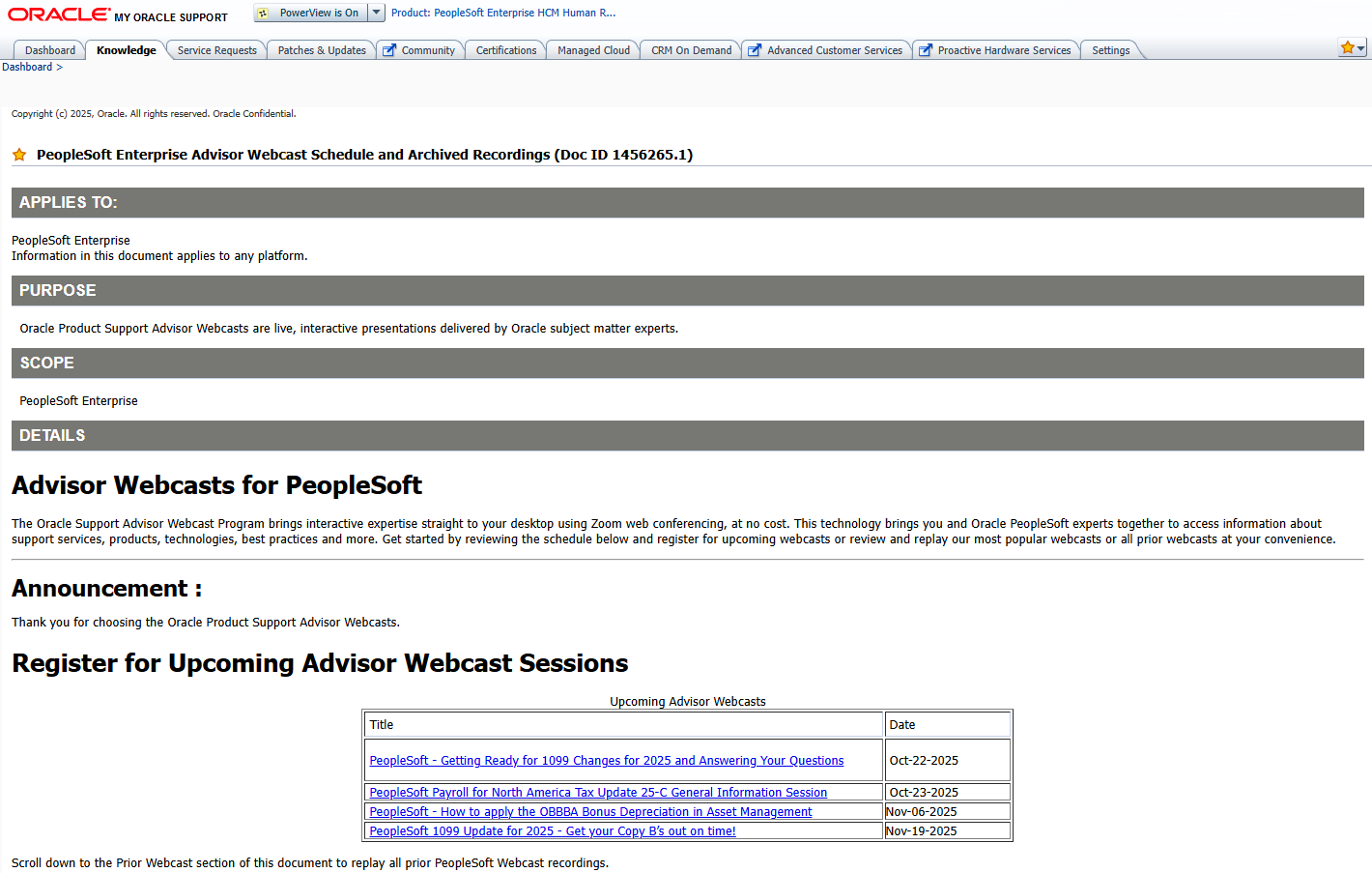MOS PSFT Advisor Webcast Schedule and Archive page
