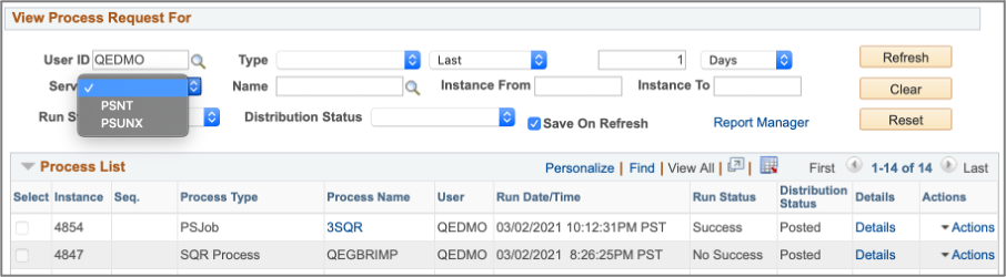 Server Name drop-down to show only the configured servers