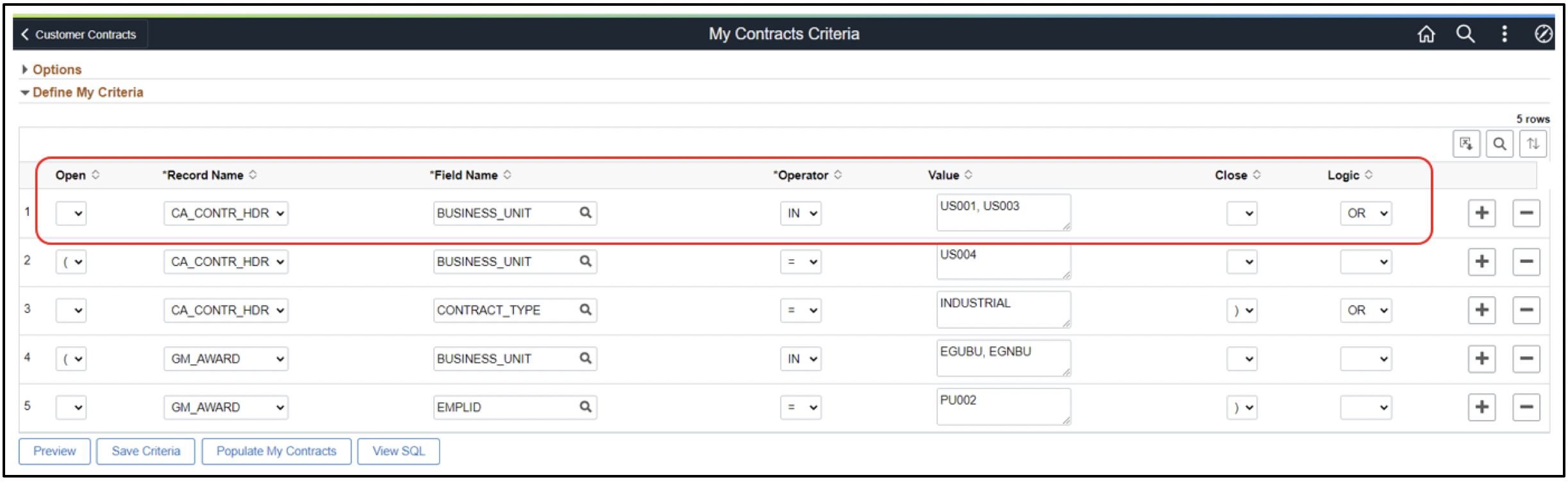 My Contracts Criteria