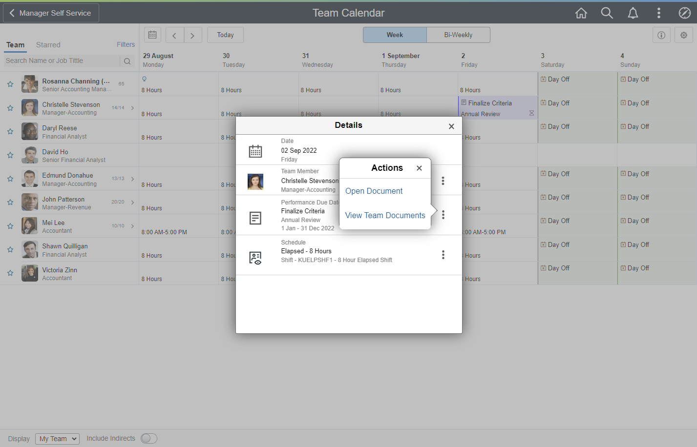 Performance actions on the Team Calendar