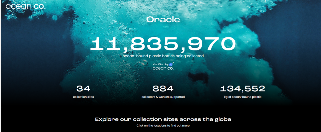 Background image of bubbles under water with white text showing data on plastic bottles collected