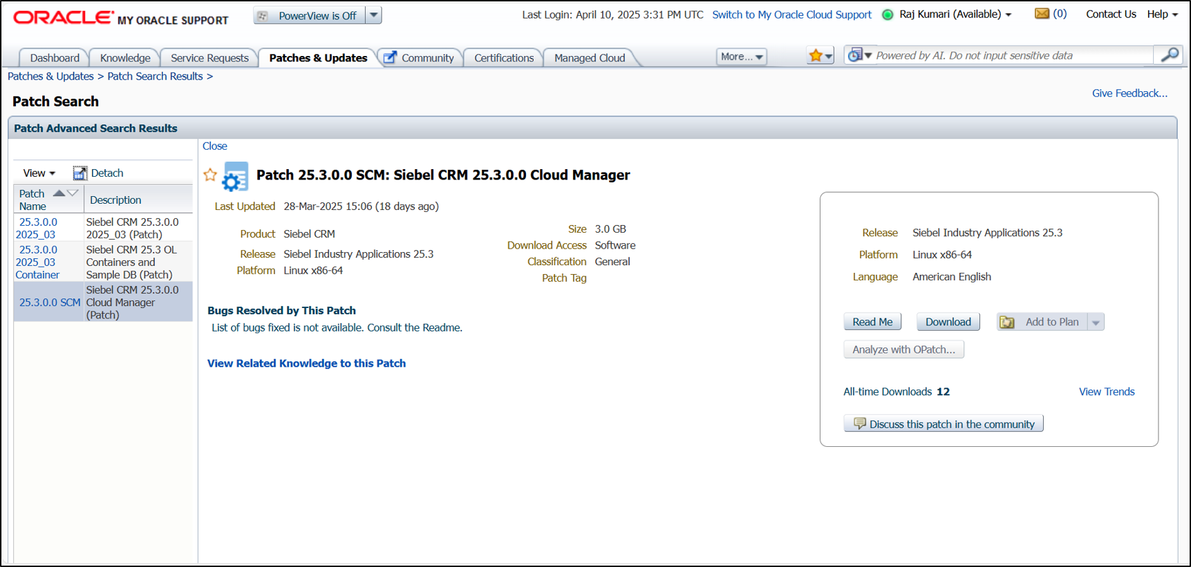Siebel Cloud Manager Hosted on My Oracle Support