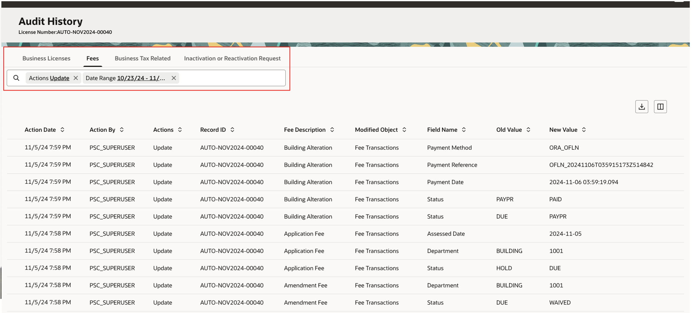 Audit History for License Transactions