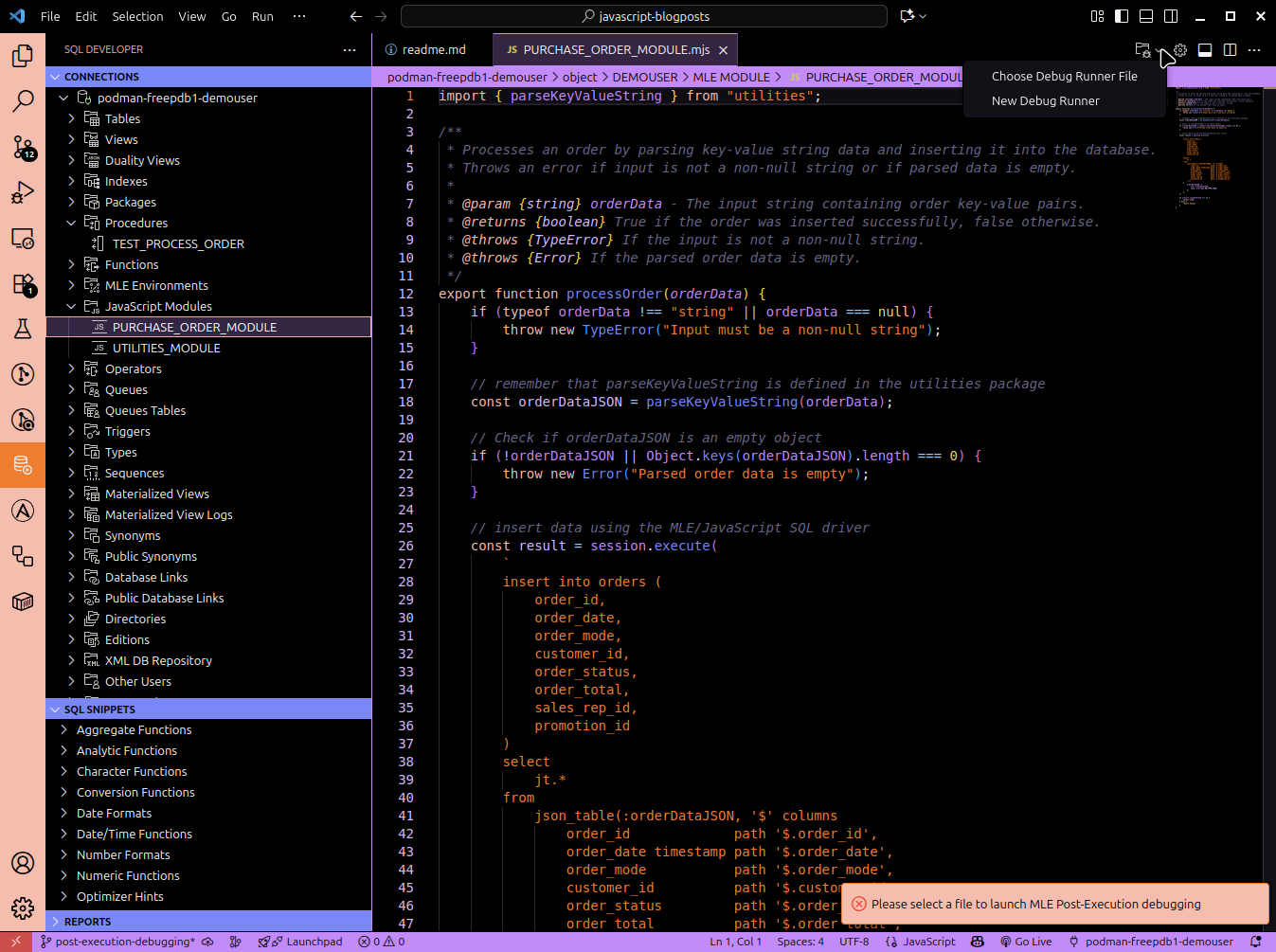 A screenshot of Oracle SQL Developer for VSCode extension