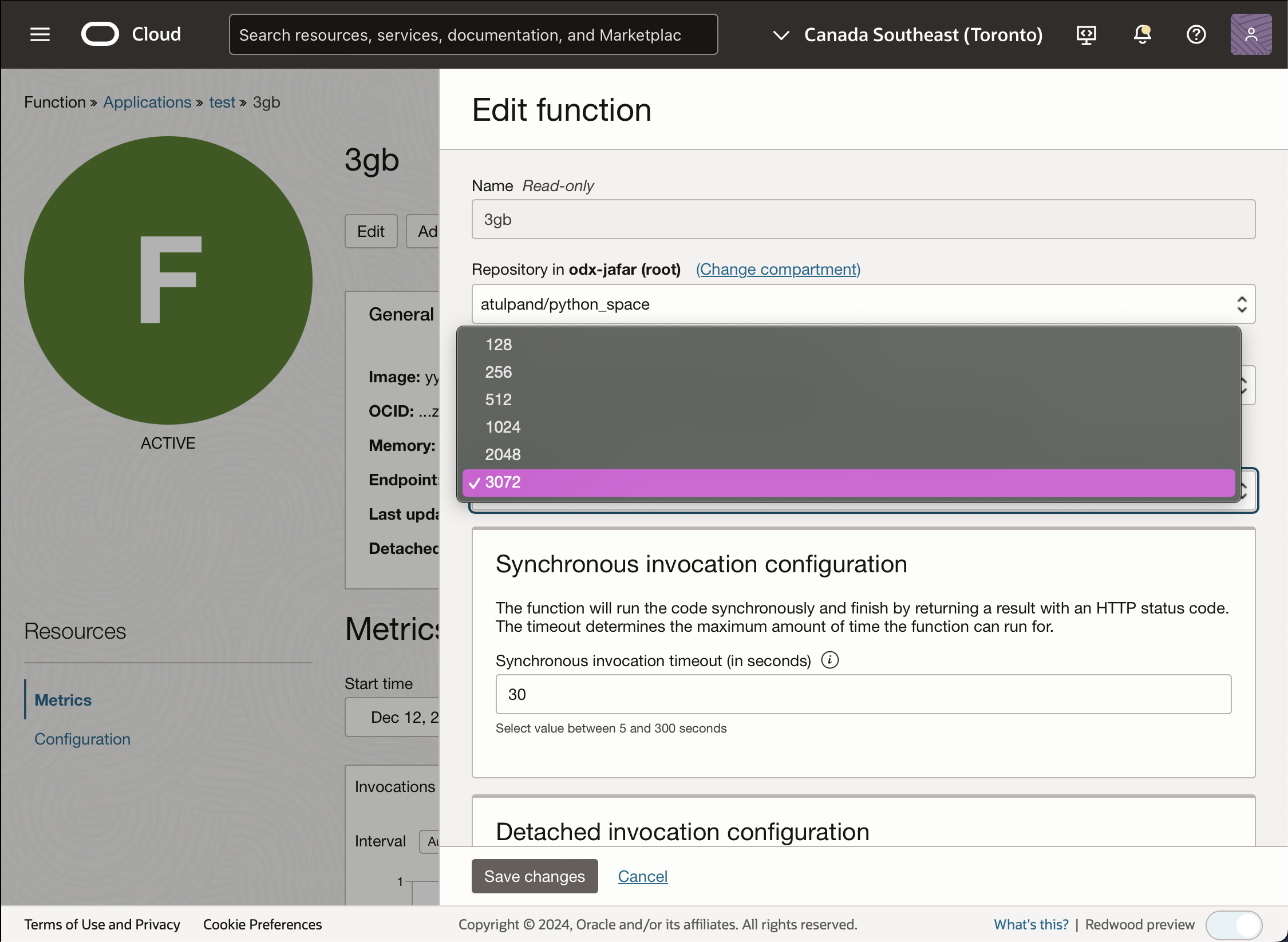 Editing a function’s size in the Console