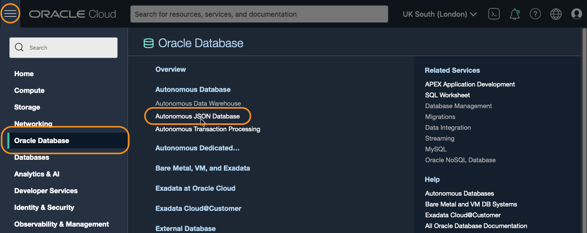 Autonomous JSON Database menu