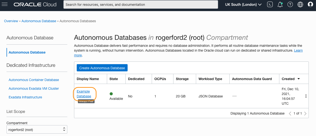 Autonomous Database selection screen