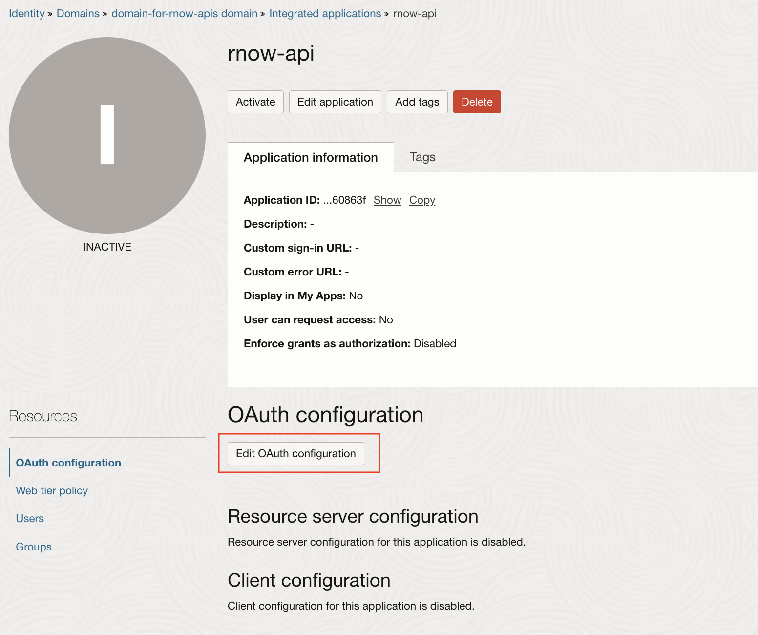 Edit OAuth Configuration of Integrated Application