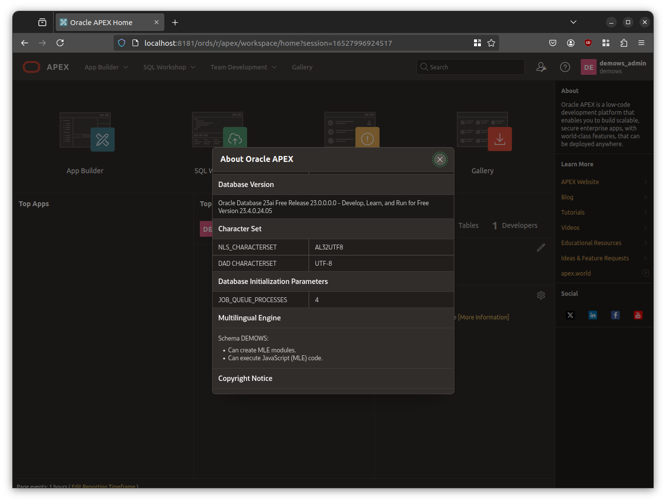 Viewing information about MLE and Oracle Database release