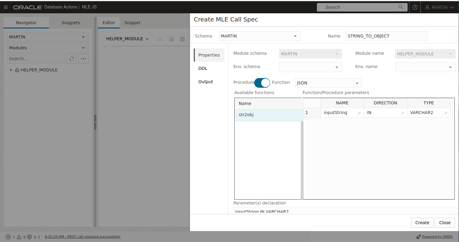 Defining the MLE module's call specification details in DB Actions