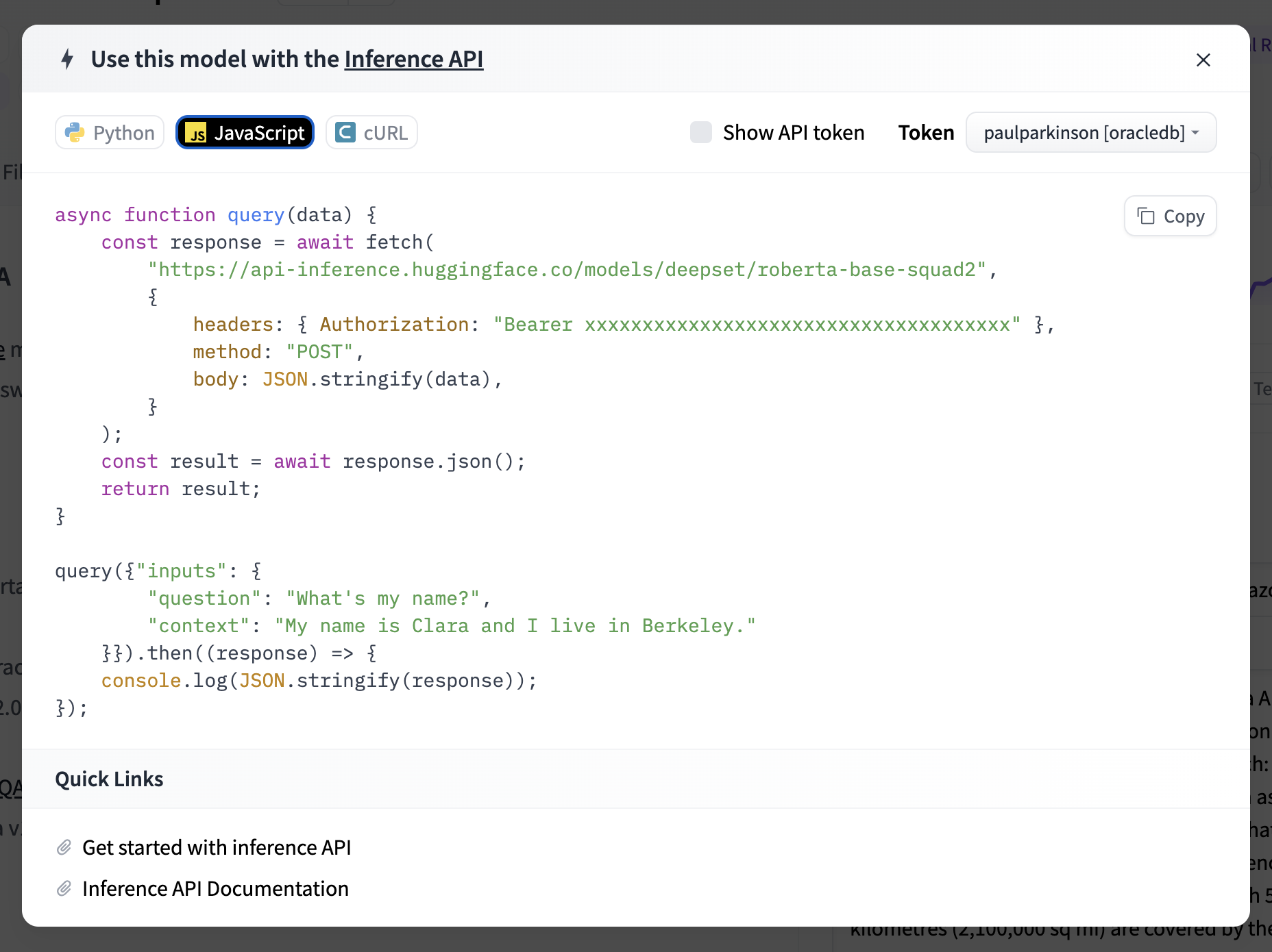 observe JS huggingface code snippet
