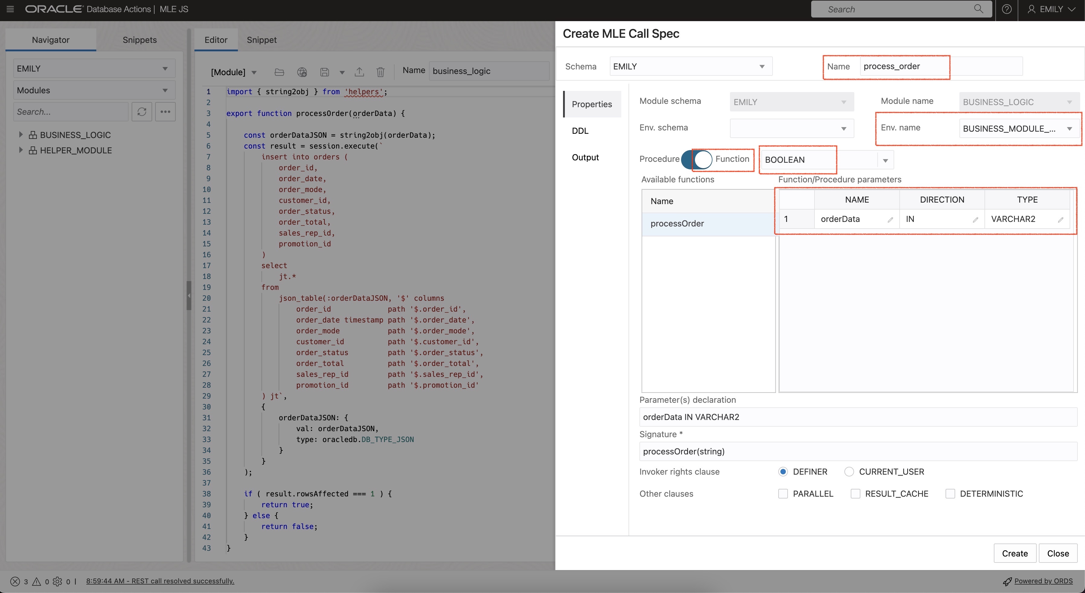 create a call spec including module, env, and signature