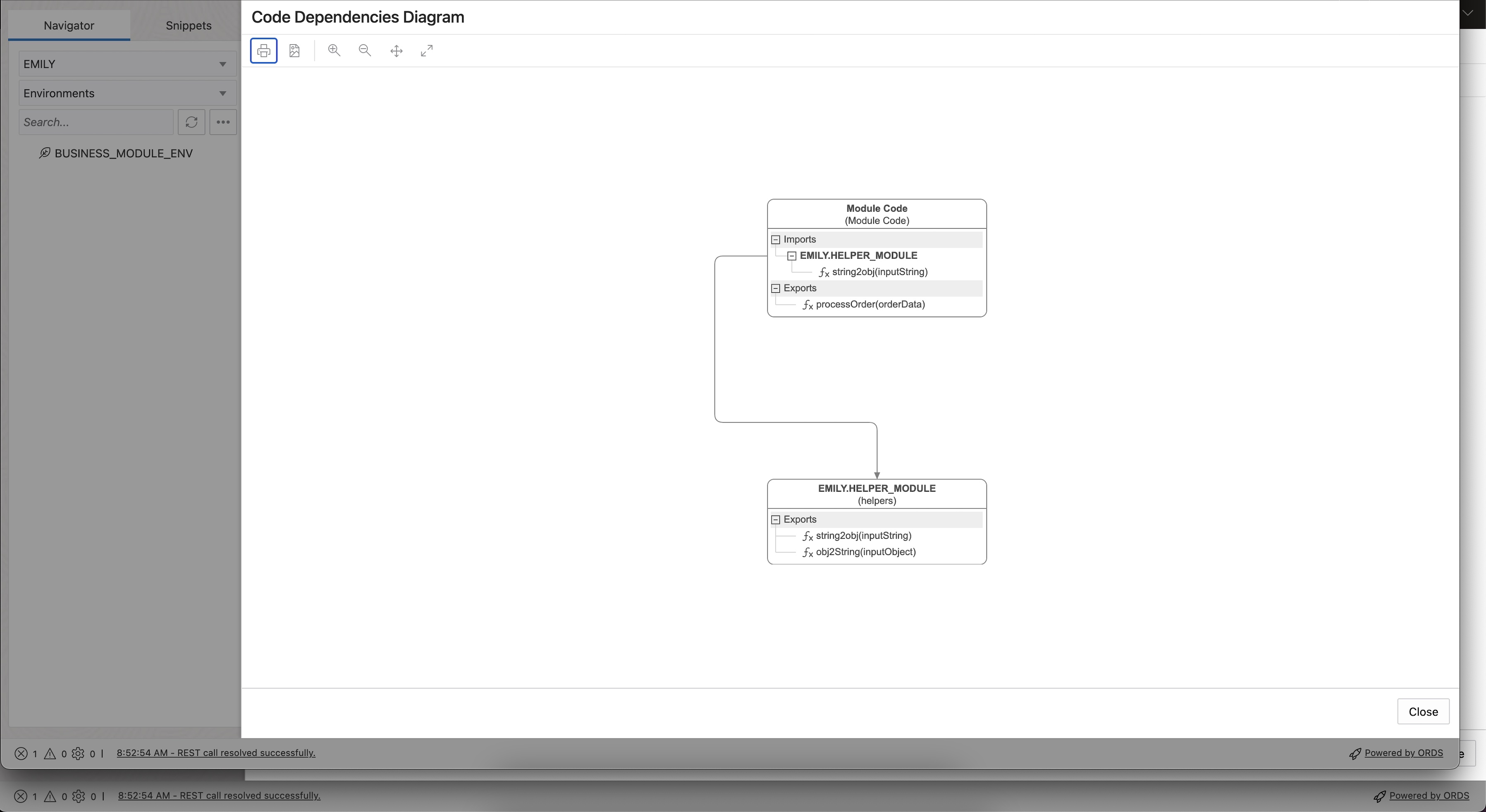 code dependency diagram showing helper module and business logic 