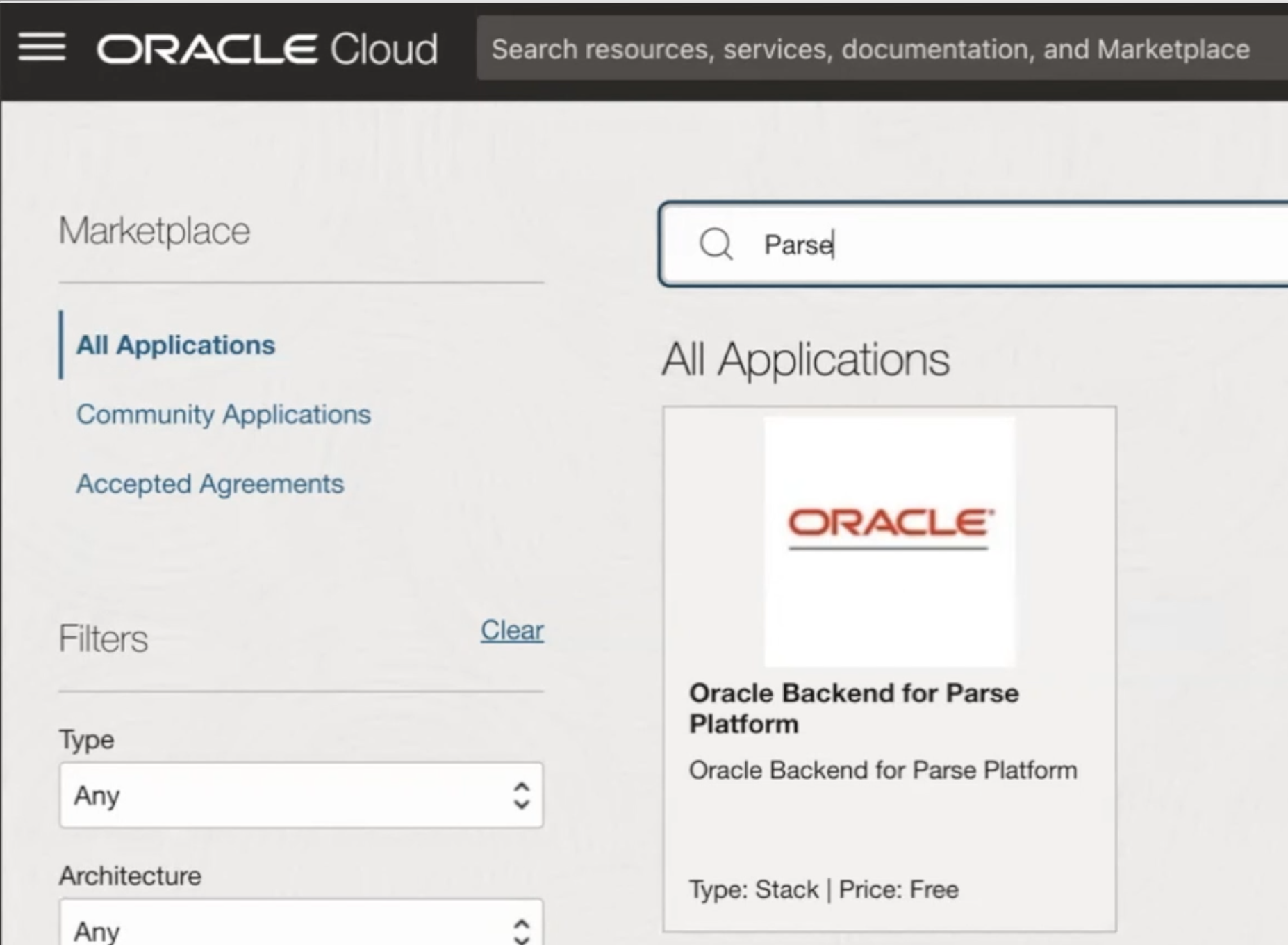 Parse Oracle Backend Marketplace