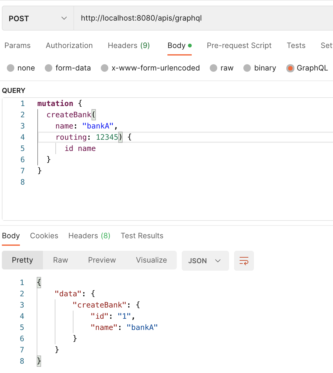 postman create banka graphql