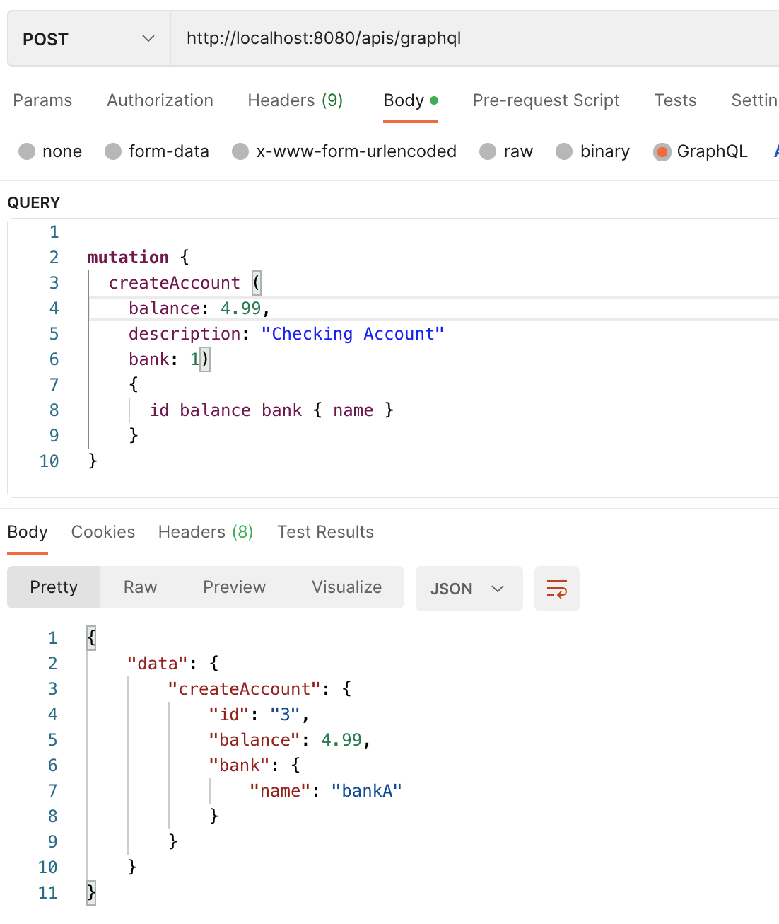 postman create banka checking account graphql
