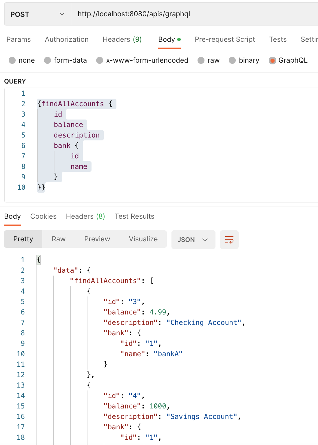 postman find all accounts graphql