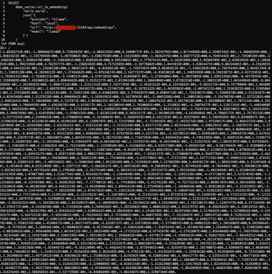 Testing the private LLM embedding directly into pl/sql