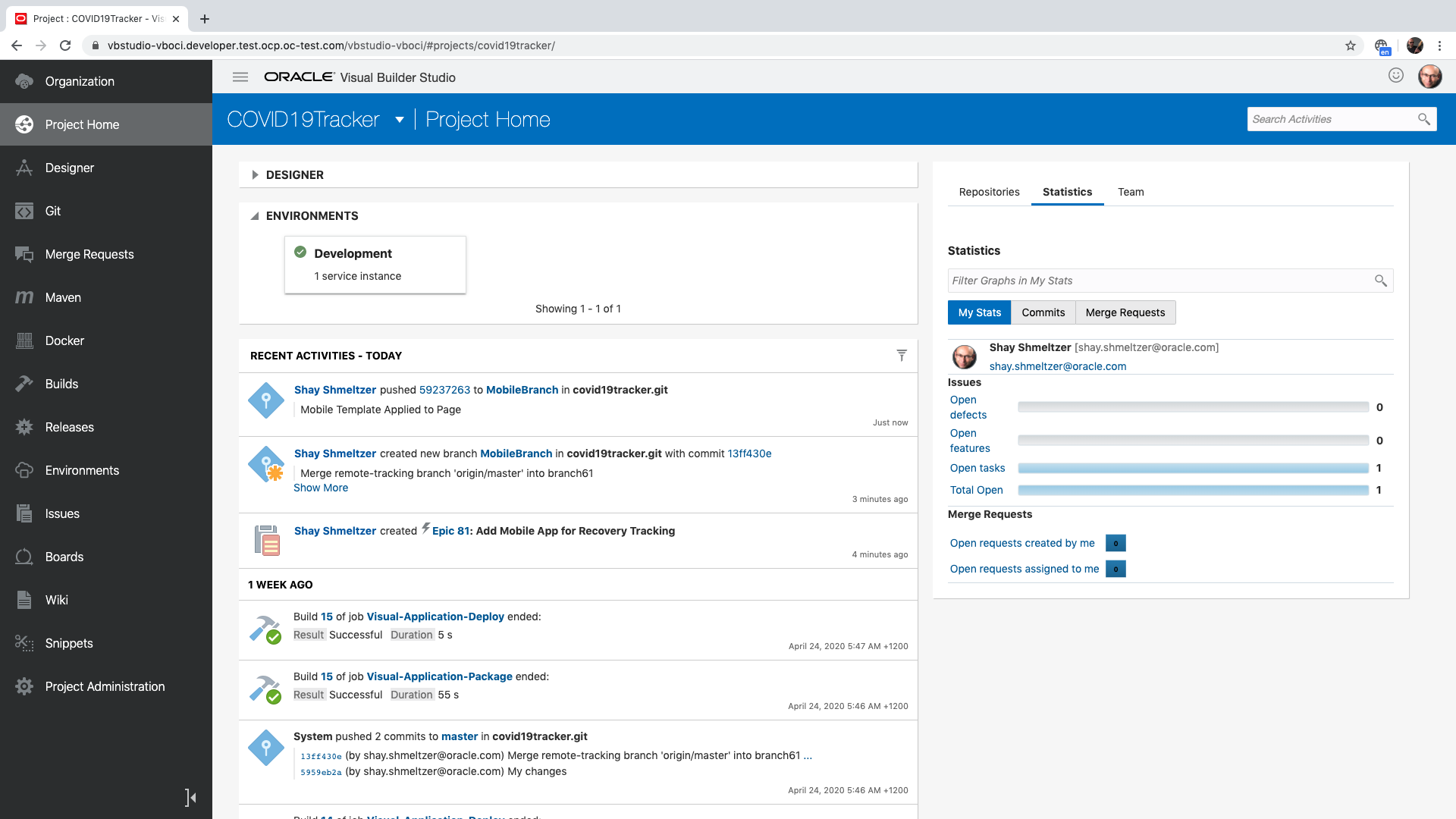 Visual Builder Studio Project Page