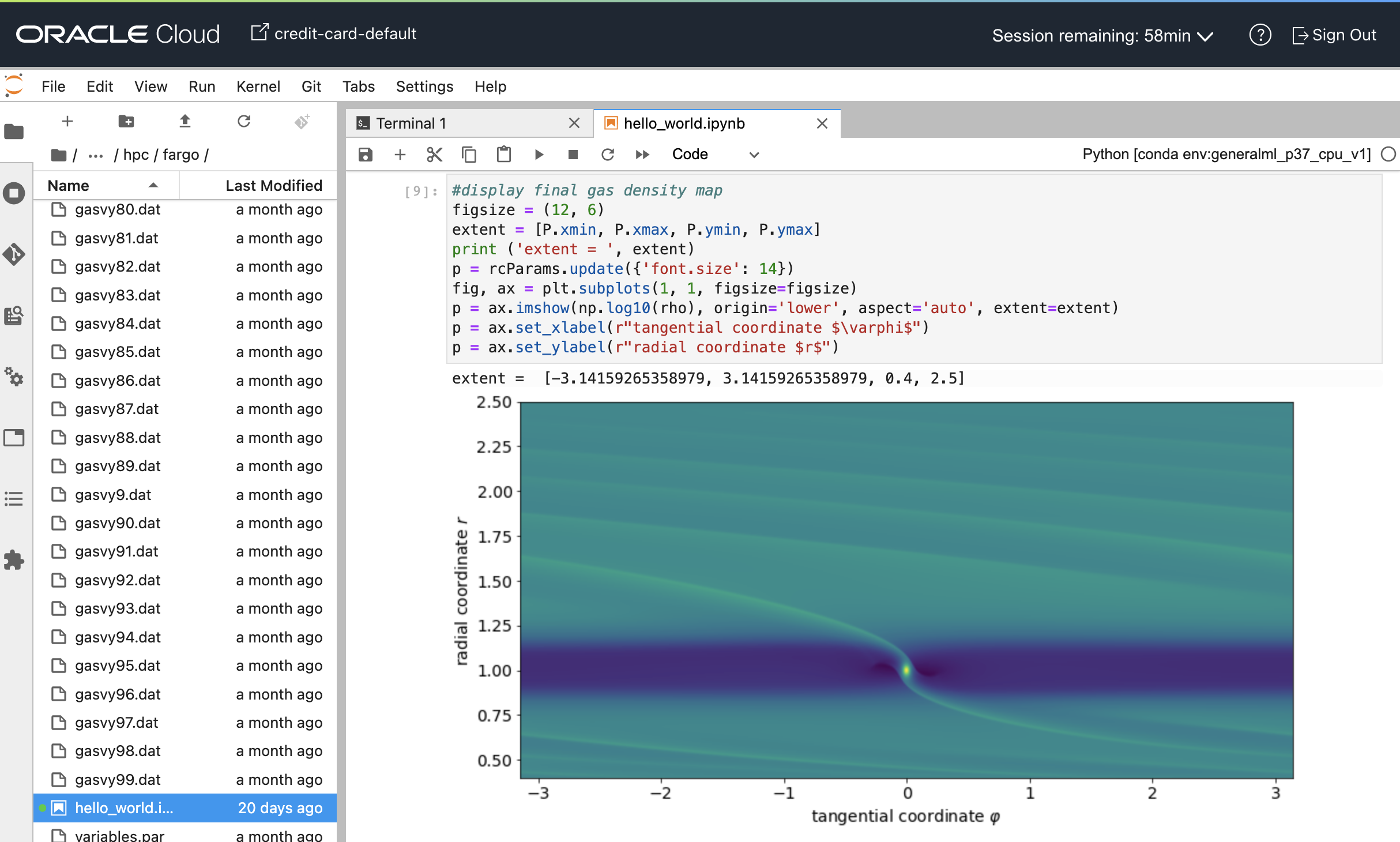 A screenshot of a terminal in the Oracle Cloud Console showing a Jupyter notebook with the density head map.