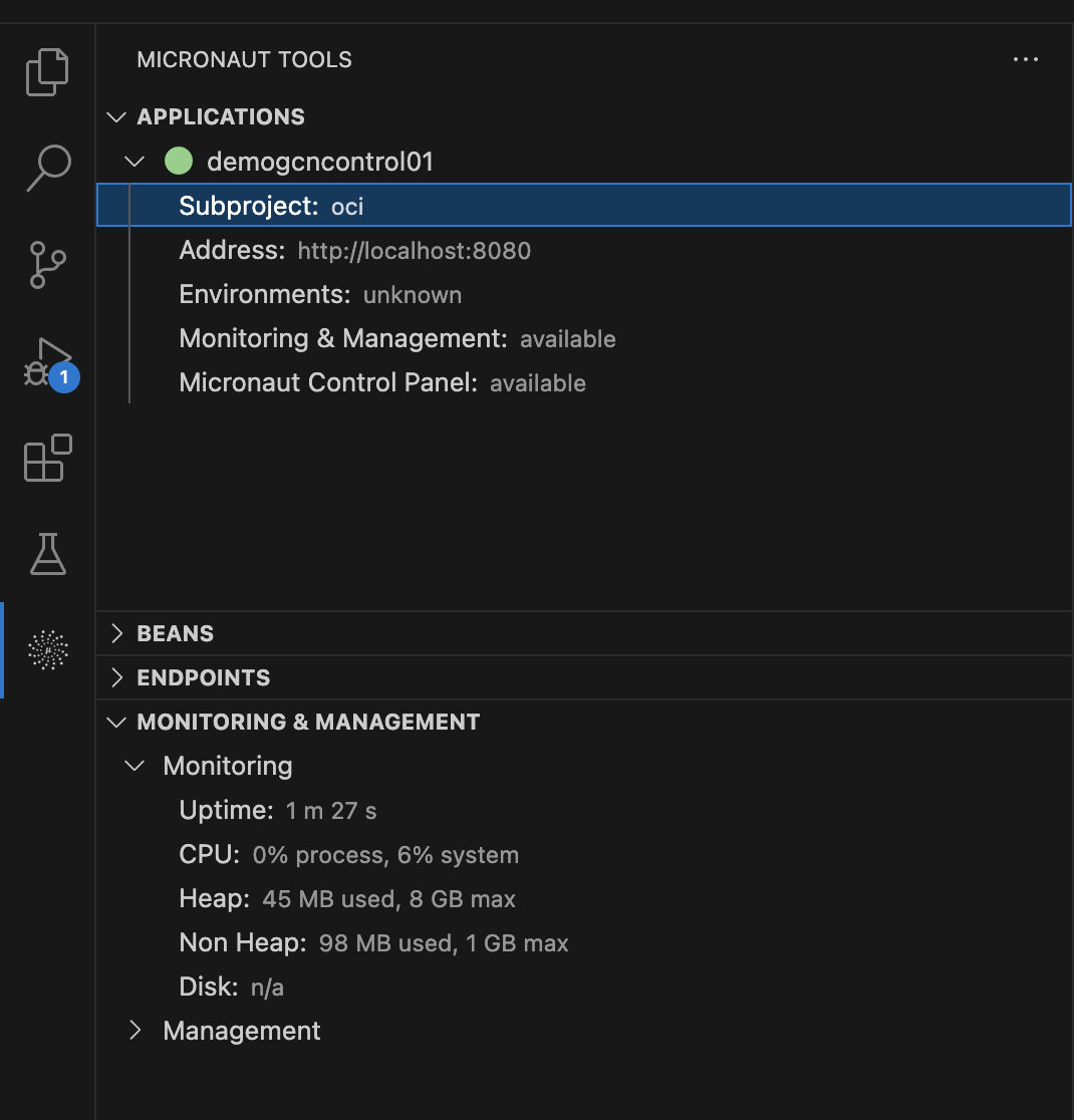 Access the Micronaut Control Panel from within VS Code