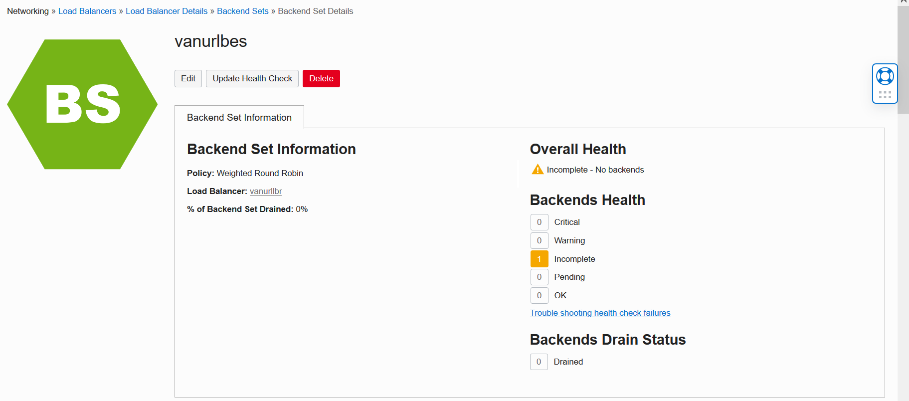Picture of Backend Set details screen