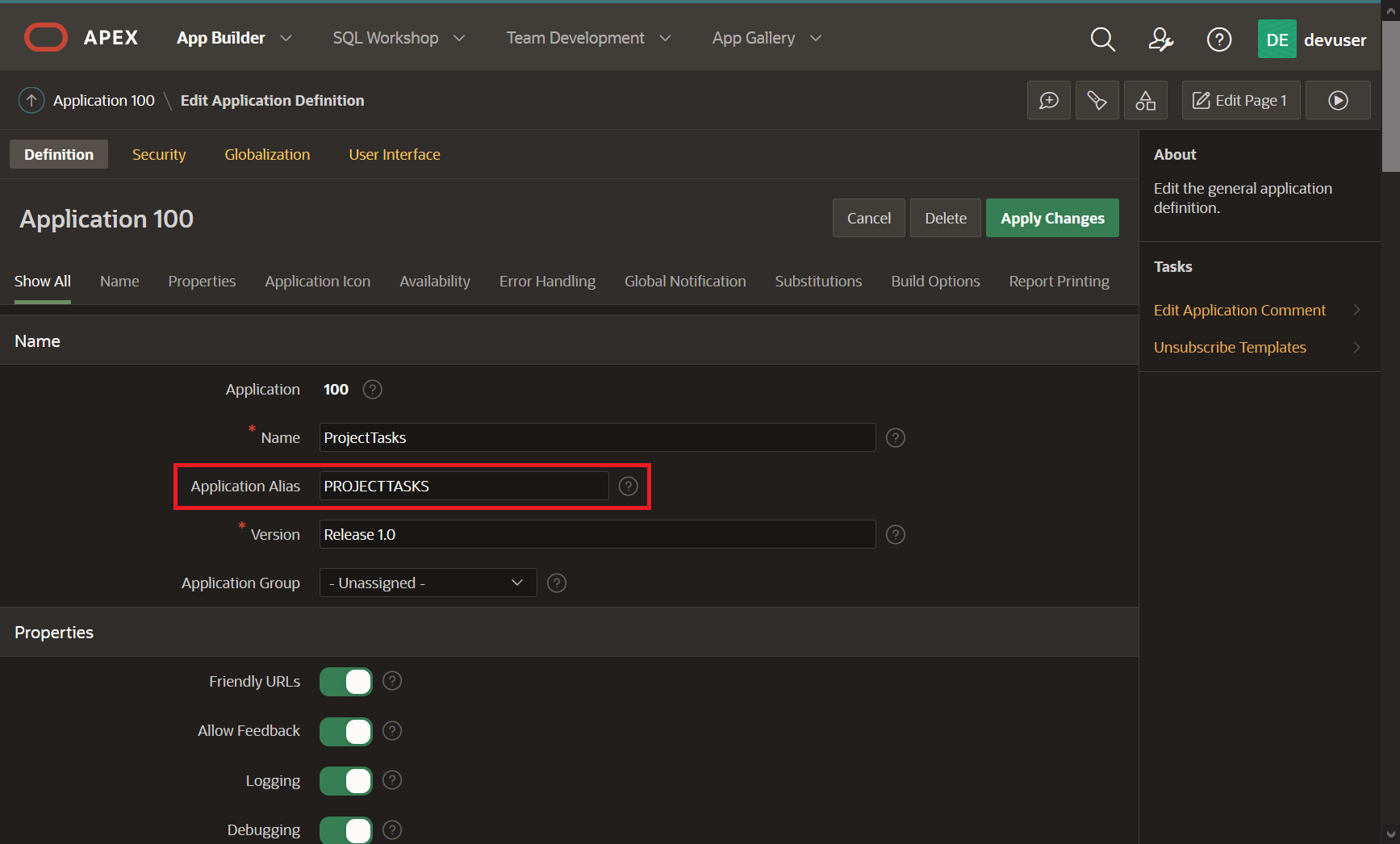 Application Alias in App Homepage