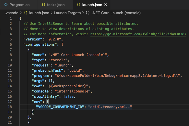 A screenshot of the .NET Core Launch (console) with the added VSCODE_COMPARTMENT_ID variable.