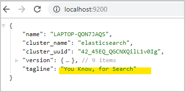 JSON response showing an Elasticsearch cluster is running