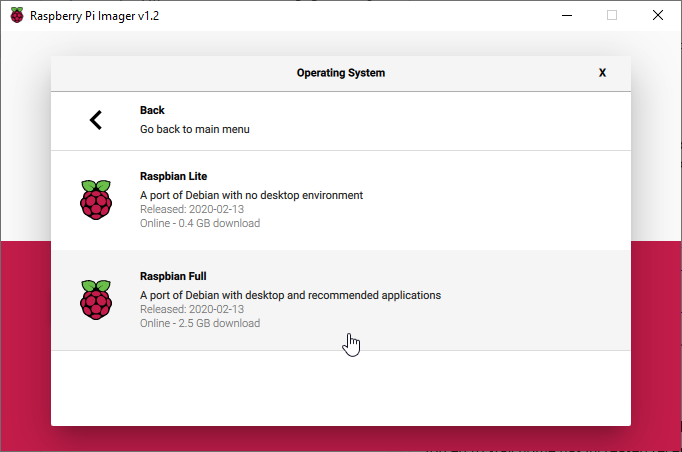 Choose the Raspbian Full option for the OS