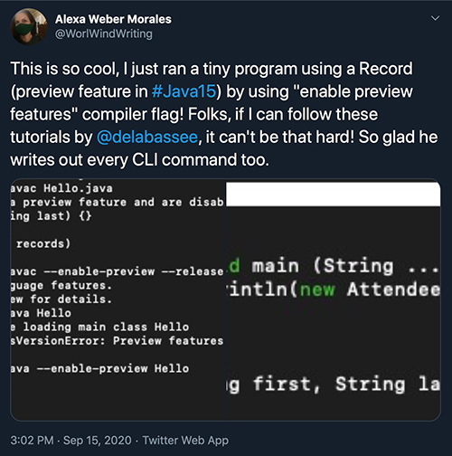 Enabling preview features via a compiler flag enables experiments with Java records