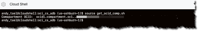 Screenshot that shows the command response with the compartment OCID.