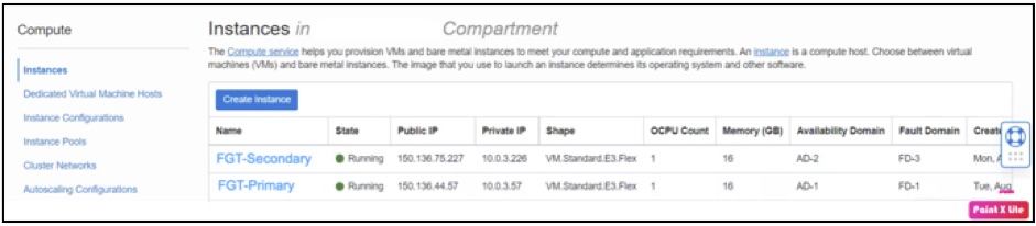 A screenshot of the Instances in Comparment page in the Console.